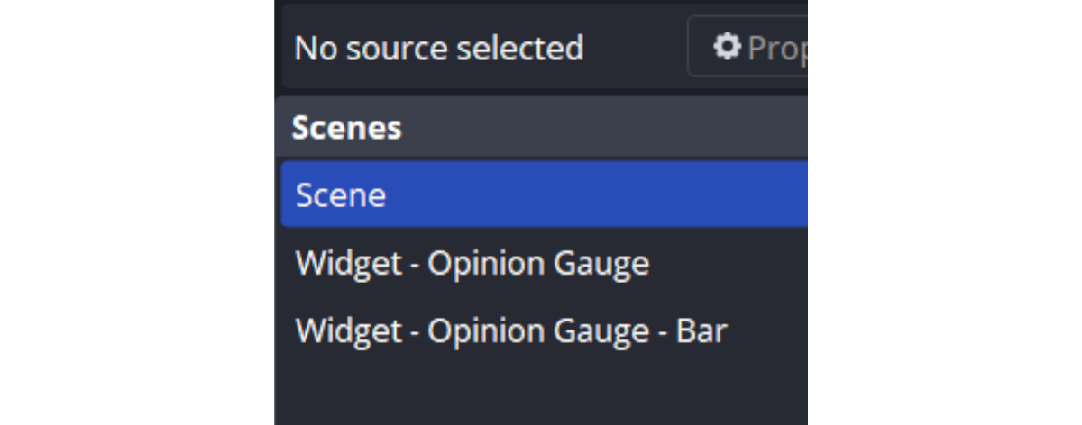 Two scenes, Widget - Opinion Gauge and Widget - Opinion Gauge - Bar, added to the scene collection after importing the scene file into OBS.
